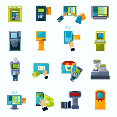 Automated payment machine flat icons set with bank credit card money withdrawal system abstract isolated vector illustration