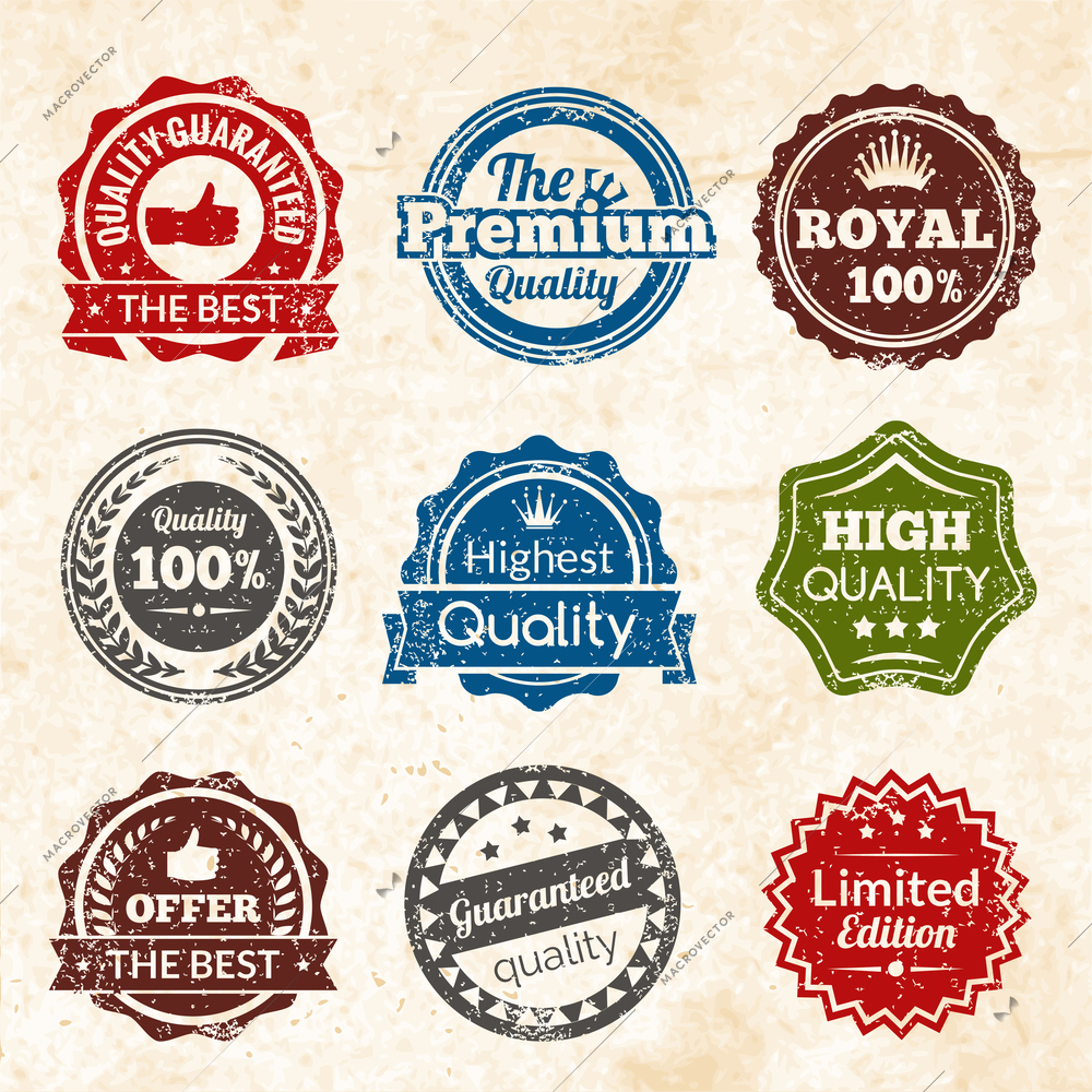 Vintage highest guaranteed quality best offer and limited edition round color stamps isolated vector illustration