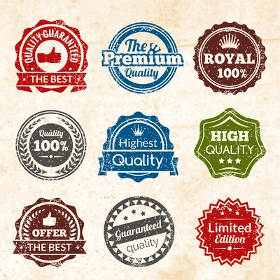 Vintage highest guaranteed quality best offer and limited edition round color stamps isolated vector illustration