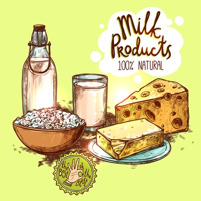 Milk in bottle and glass cheese and butter sketch color still life with text seamless vector illustration