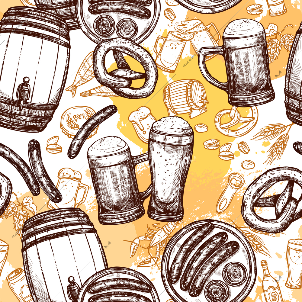 Beer seamless pattern with sketch barrel drink glasses and sausages vector illustration