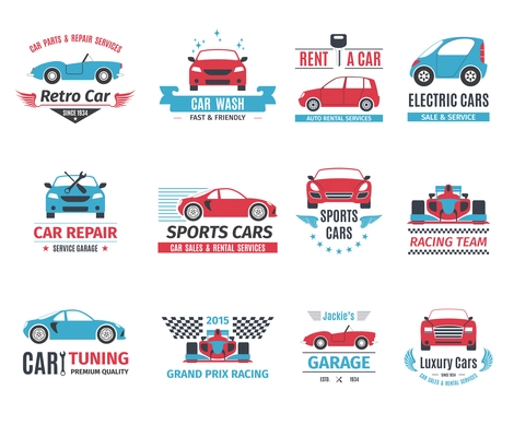 Car repair service rent and wash logo set isolated vector illustration