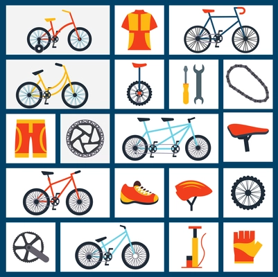 Mountain sportive and city bicycles accessories with gloves and helmet flat icons set abstract isolated vector illustration