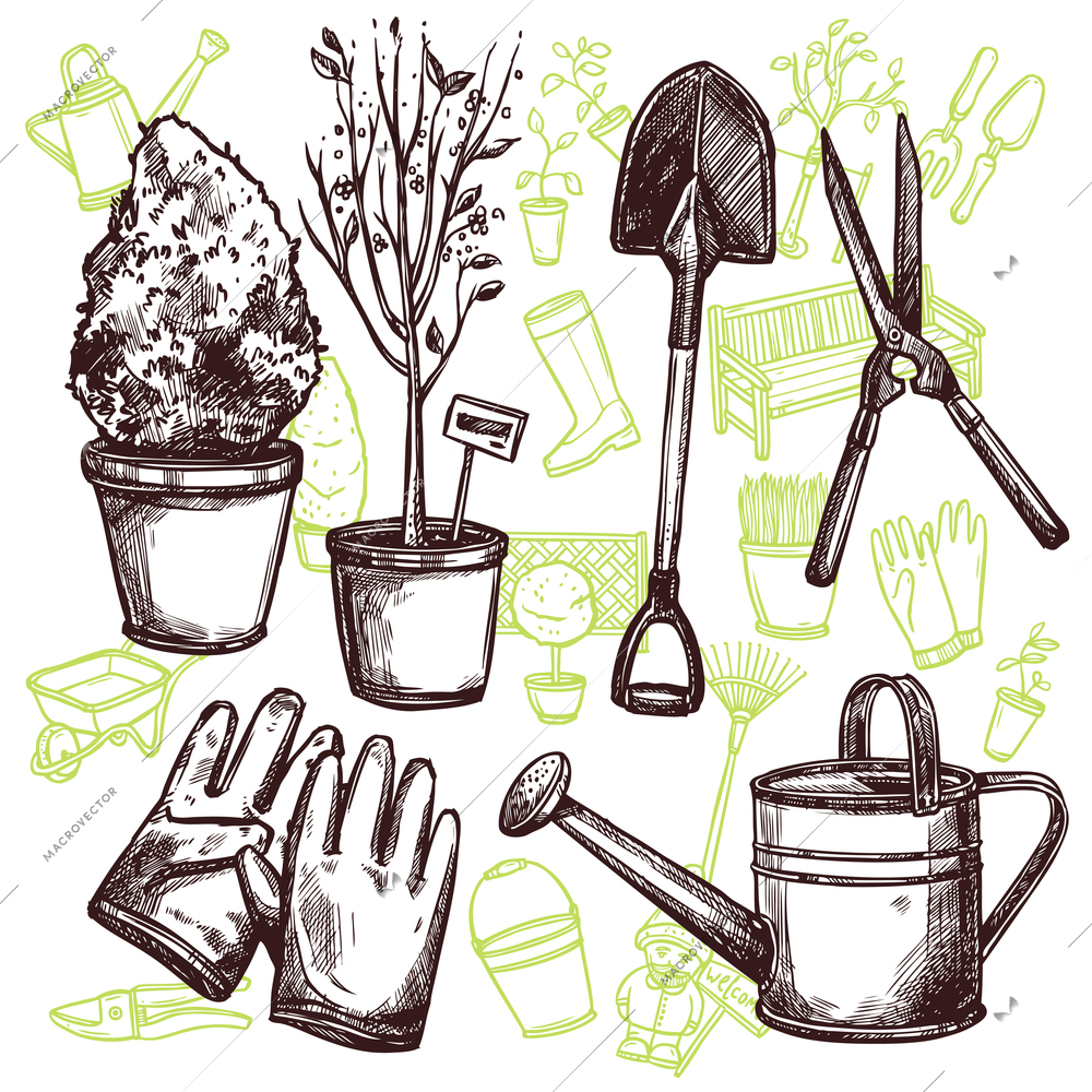 Garden tools shovel pruner lake and gloves and seedlings in pots sketch seamless concept vector illustration