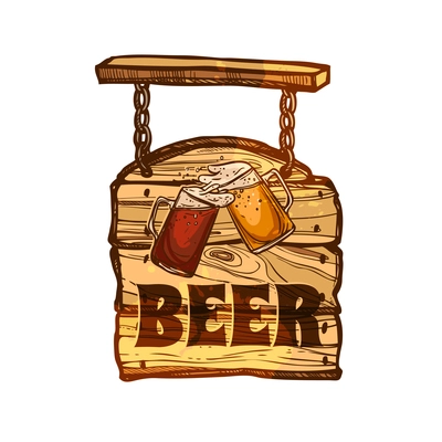 Sketch beer bar or pub sign on wooden board vector illustration