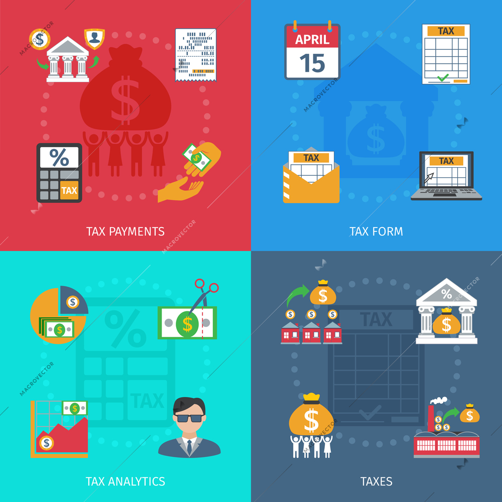 Tax design concept set with payments form and analytics flat icons isolated vector illustration