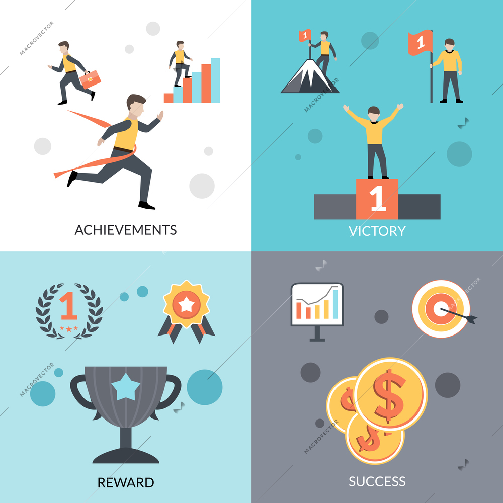 Success design concept set with achievements victory reward flat icons isolated vector illustration