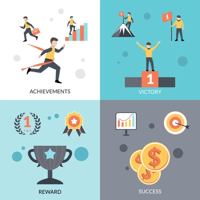 Success design concept set with achievements victory reward flat icons isolated vector illustration