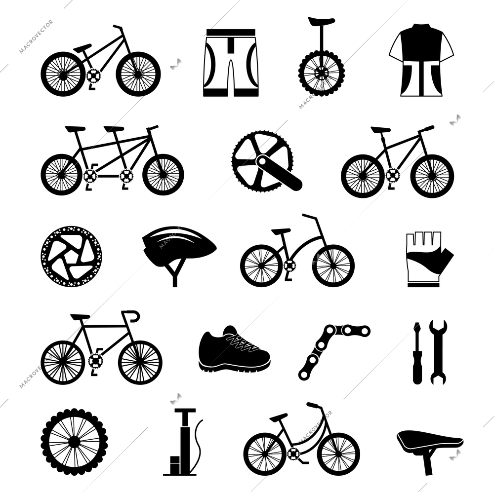 City tandem bicycles and cycling sportswear and repair tools black icons collection kit abstract isolated vector illustration