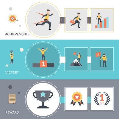 Success horizontal banners set with reward victory and achievement flat elements isolated vector illustration