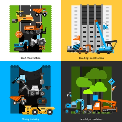 Construction industry and machines icons set with mining roads and buildings flat isolated vector illustration