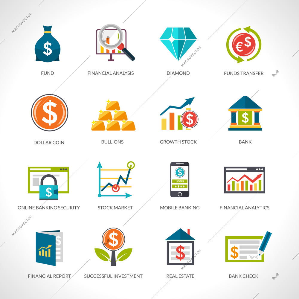 Financial analysis and investment funding flat design icons set isolated vector illustration