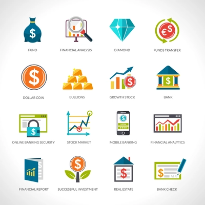 Financial analysis and investment funding flat design icons set isolated vector illustration