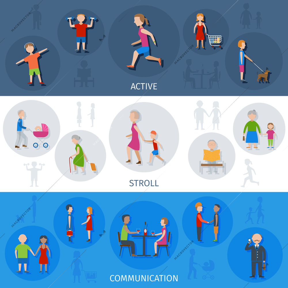 People lifestyle activity scroll and communication flat color horizontal banner set isolated vector illustration