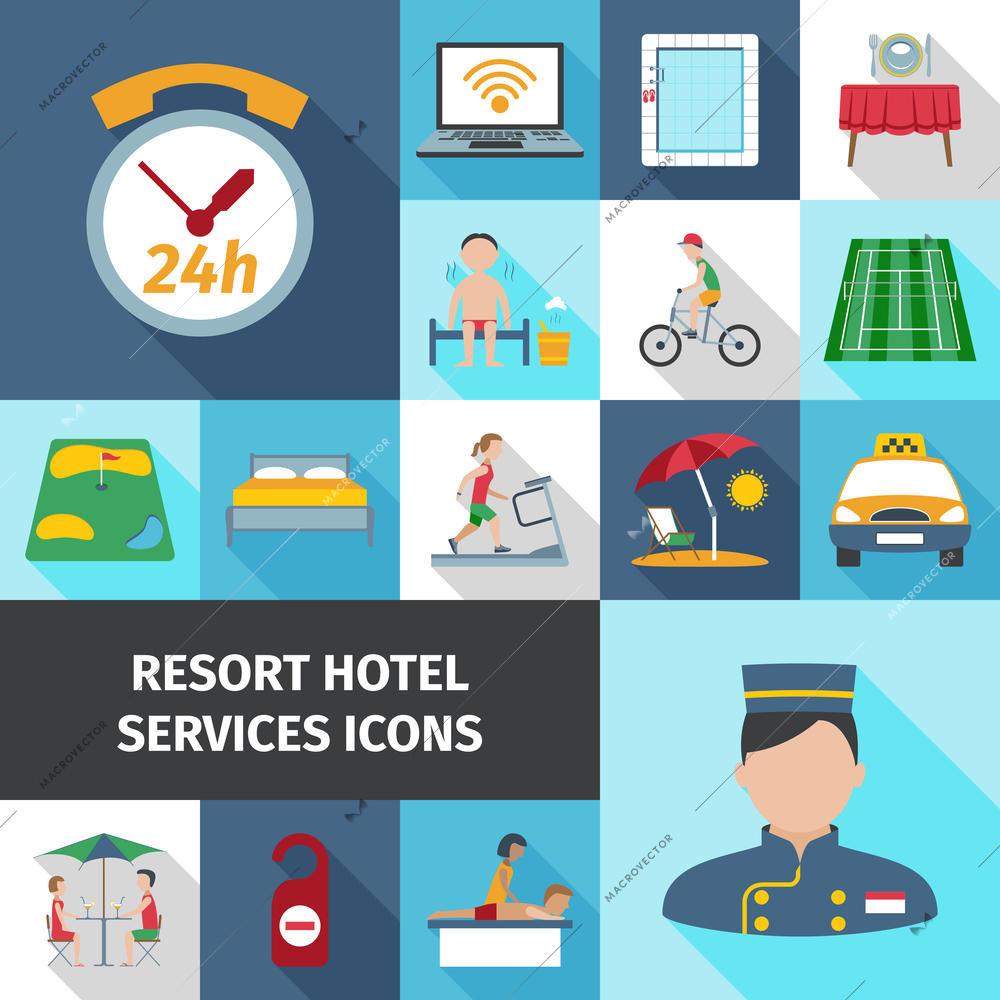 Hotel and resort services staff restaurant sport cleaning symbol flat color icon set isolated vector illustration