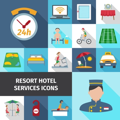 Hotel and resort services staff restaurant sport cleaning symbol flat color icon set isolated vector illustration