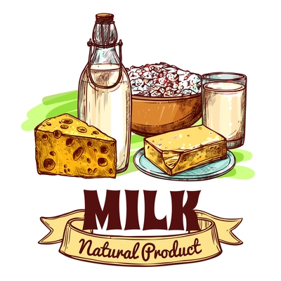 Milk and natural dairy products with text logo sketch hand drawn color seamless concept vector illustration