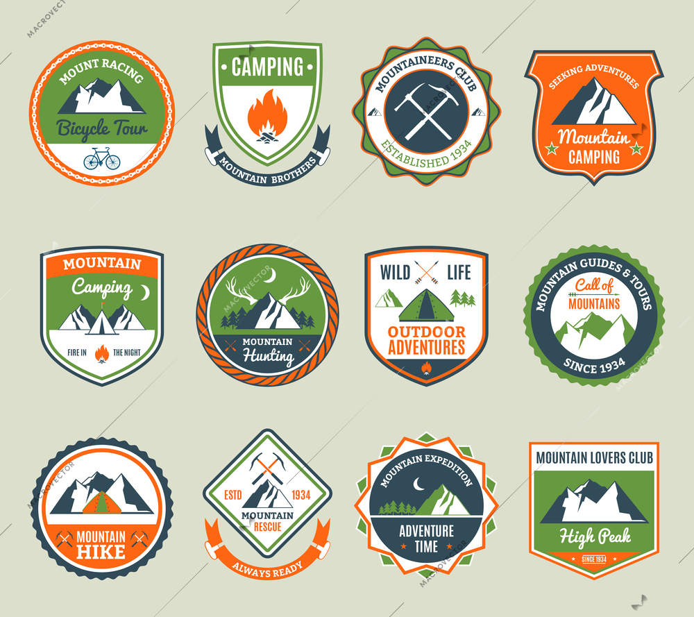 Mountain adventure and extreme tourism emblems set isolated vector illustration