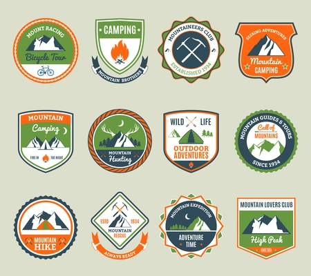 Mountain adventure and extreme tourism emblems set isolated vector illustration