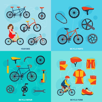 Cycling and repairing your bike on city road 4 flat icons composition banner abstract isolated vector illustration