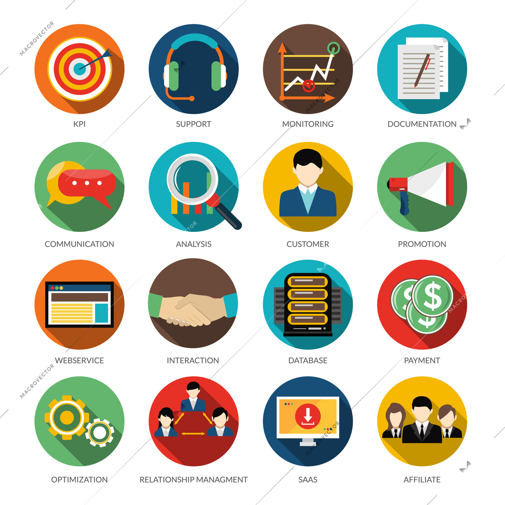 CRM round icons set with monitoring support customer communication and database vector illustration