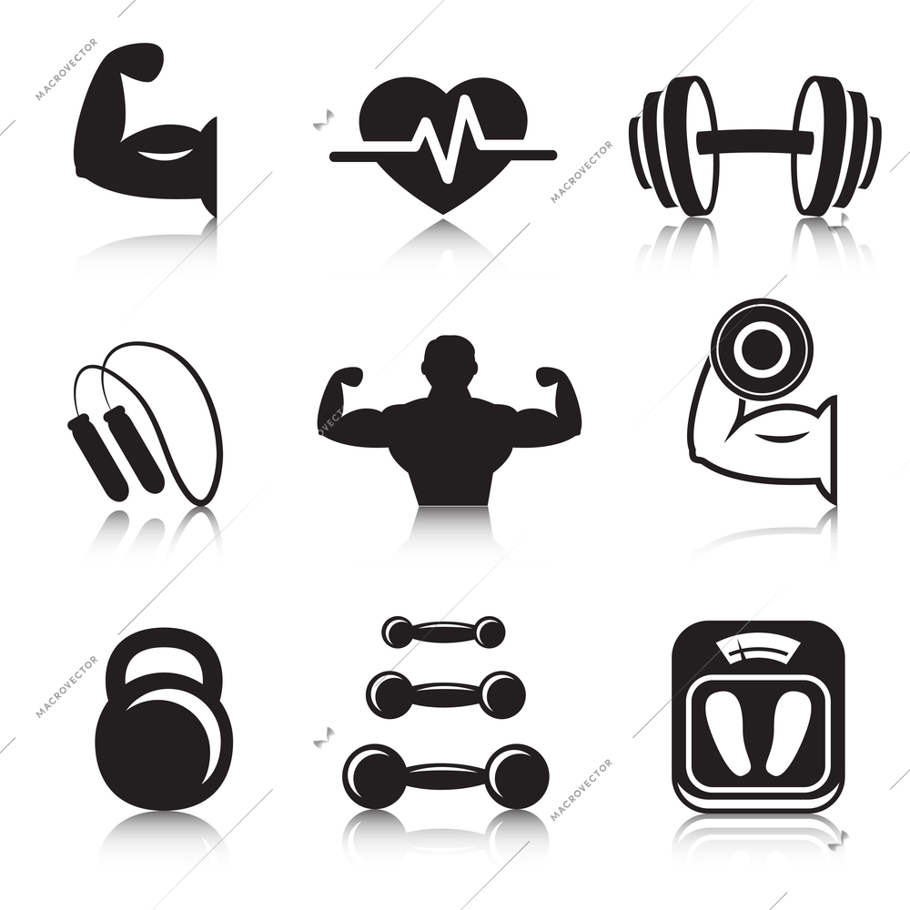 Fitness bodybuilding sport icons set of strength and slimness training exercises isolated vector illustration