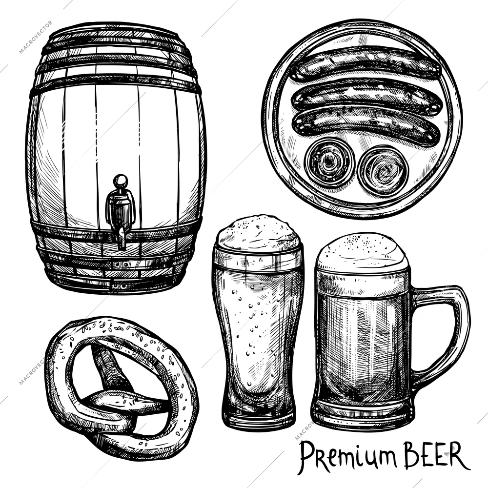 Beer in pint and keg with sausage and pretzel sketch decorative icon set isolated vector illustration