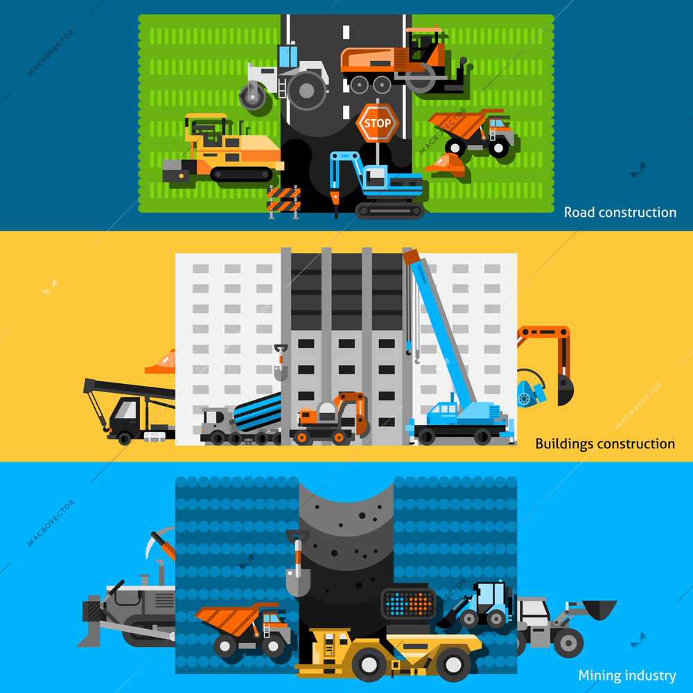 Construction machines horizontal banners set with excavators cranes and bulldozers flat isolated vector illustration