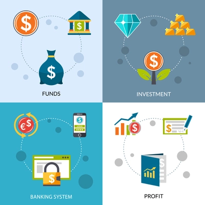 Investment funds profit and banking system flat design icons set isolated vector illustration