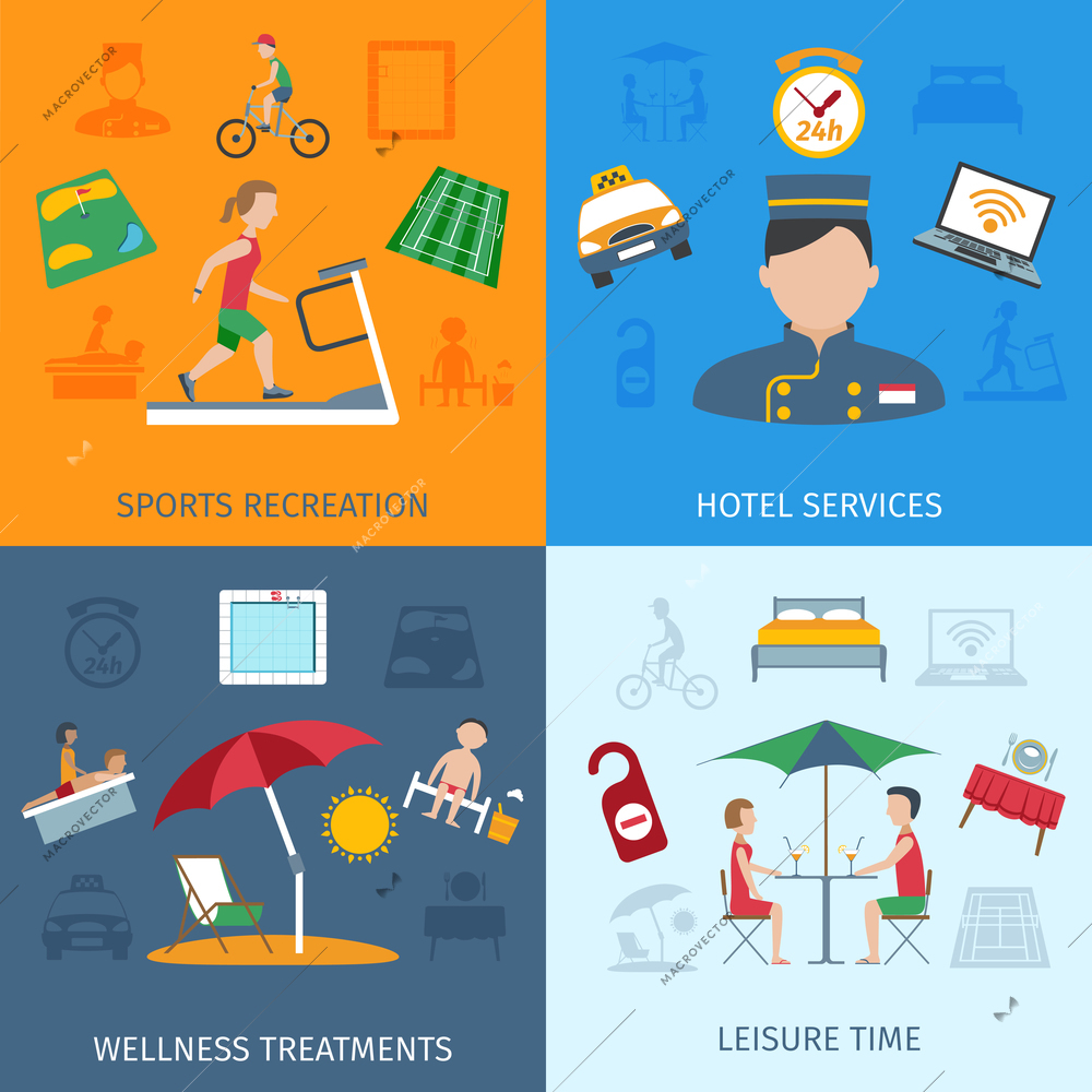 Hotel services design concept set with sports recreations and wellness treatments flat icons isolated vector illustration