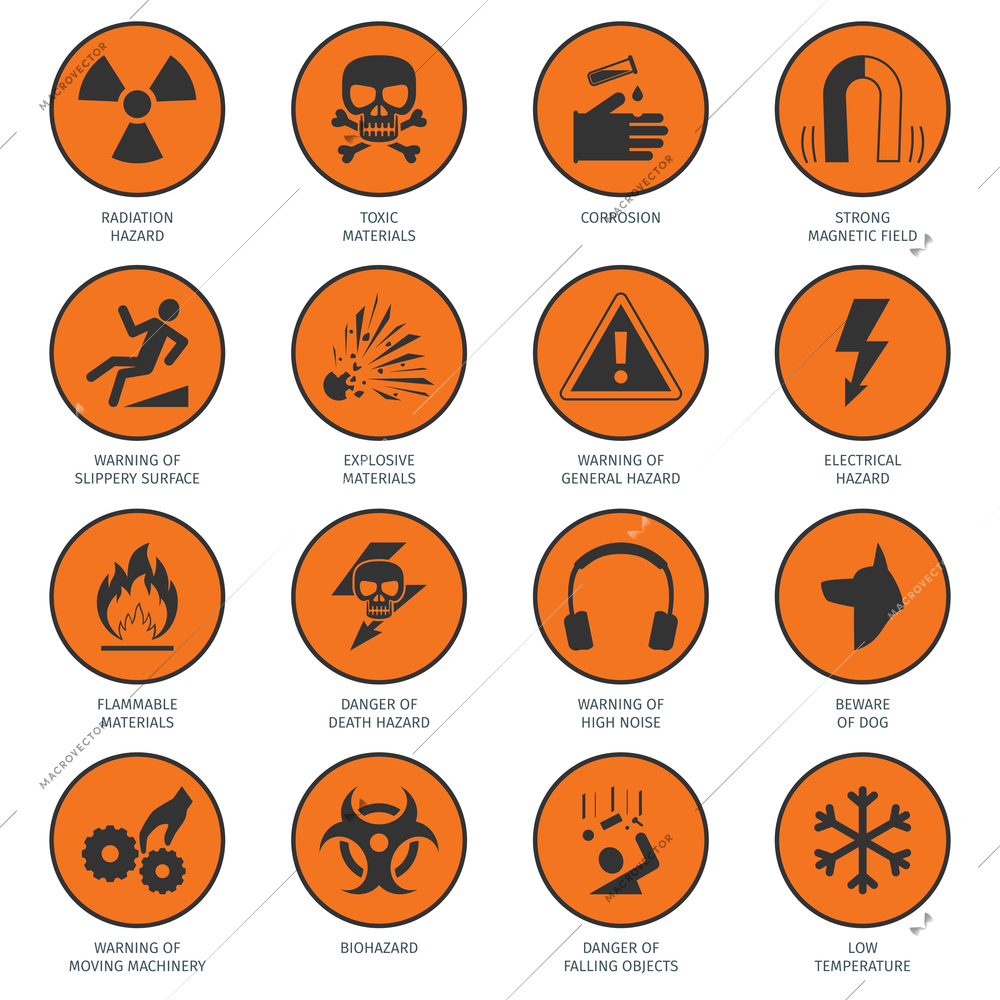 Death and dangerous hazard black on orange icons set isolated vector illustration