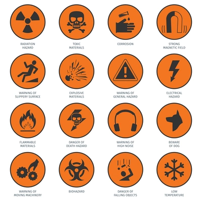 Death and dangerous hazard black on orange icons set isolated vector illustration