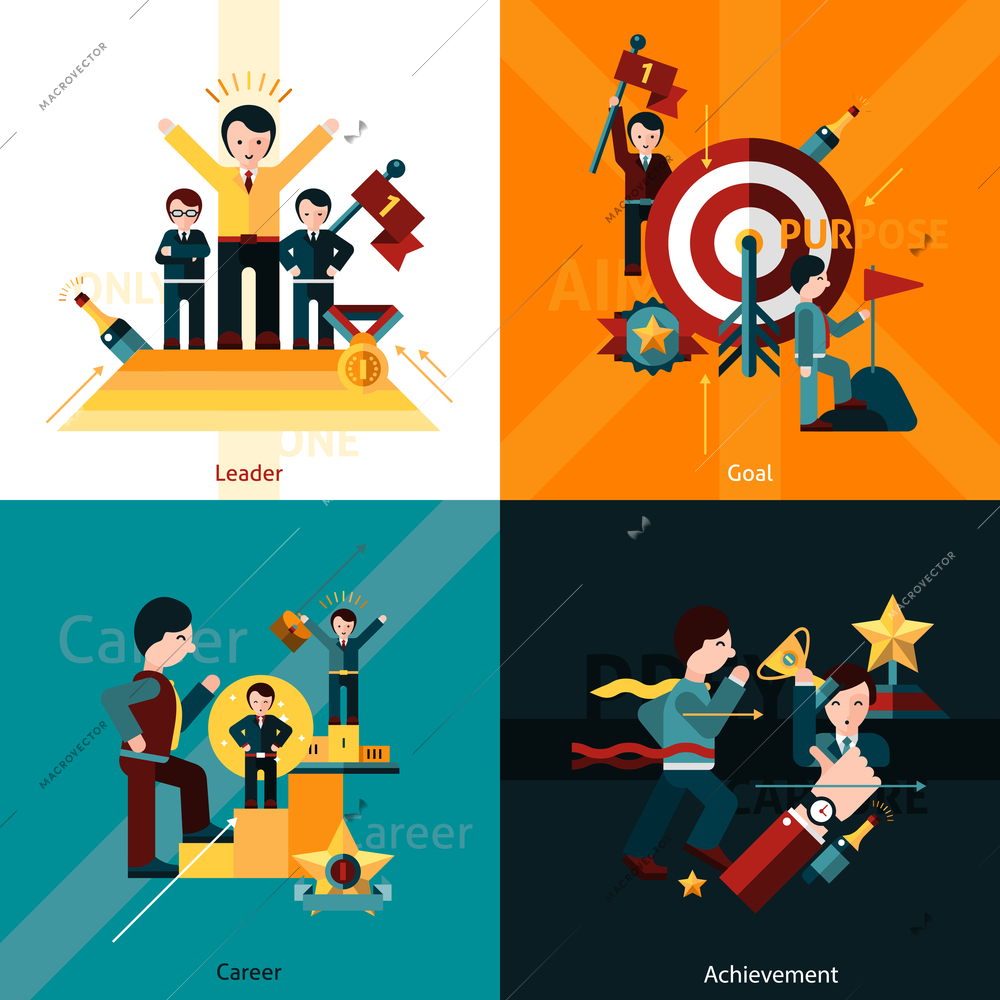 Success design concept set with leader goal career achievement flat icons isolated vector illustration