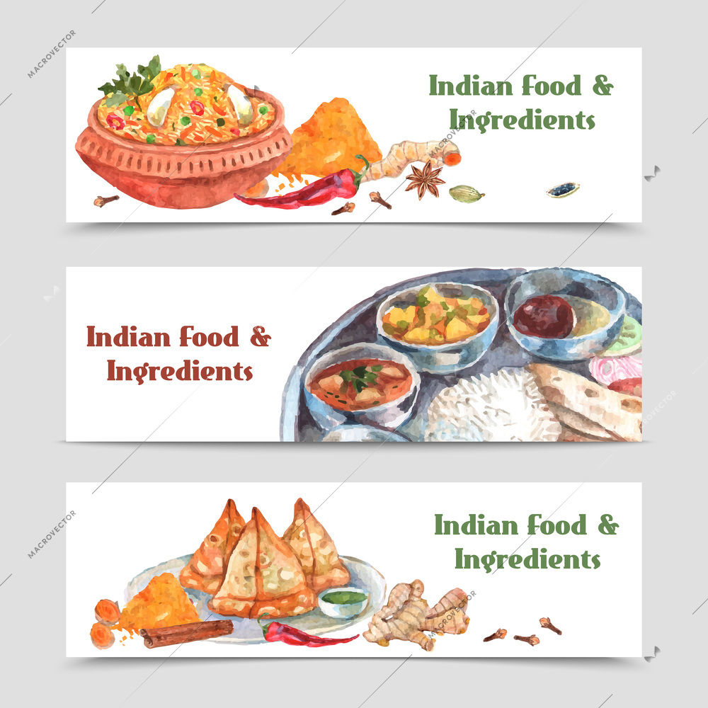 Indian food watercolor horizontal banners set with spices rice and ingredients isolated vector illustration