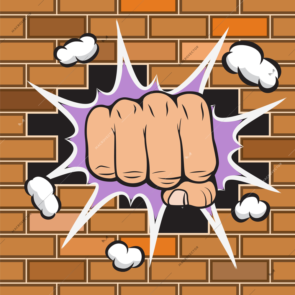 Clenched fist hit the wall emblem vector illustration