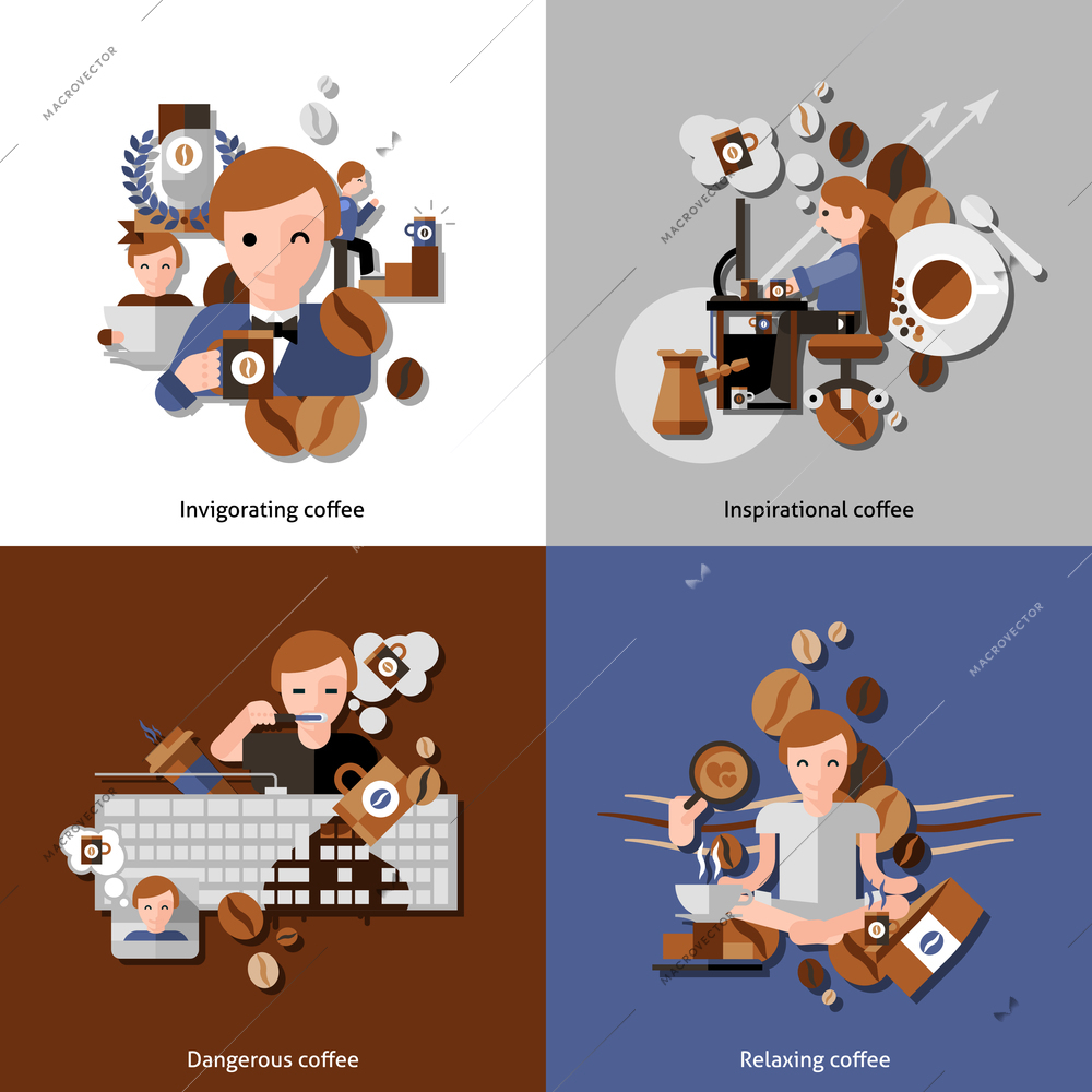 Coffee and relax in the morning icons set with inspiration and invigoration flat isolated vector illustration