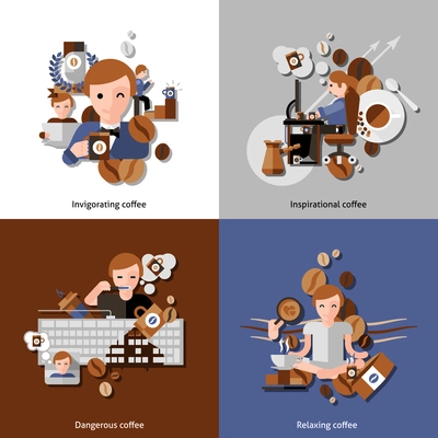 Coffee and relax in the morning icons set with inspiration and invigoration flat isolated vector illustration