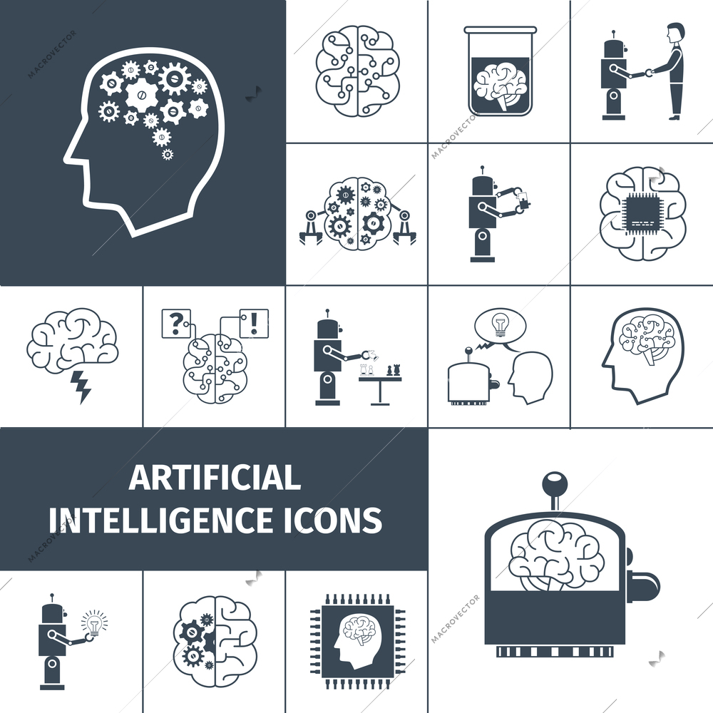 Artificial intelligence and digital brain icons black set isolated vector illustration