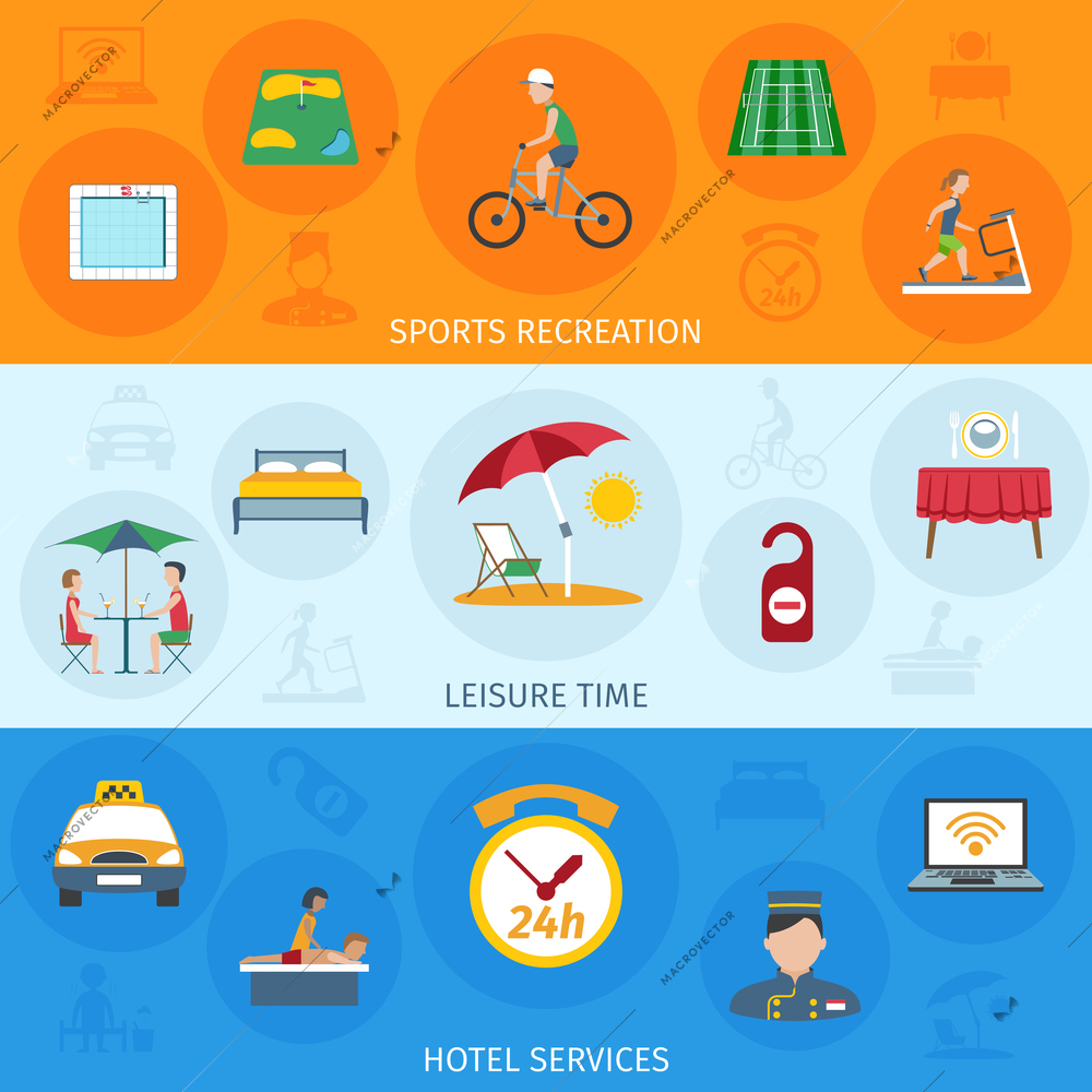 Hotel services horizontal banner set with leisure time flat elements isolated vector illustration