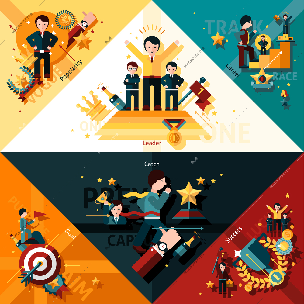 Success corners set with popularity leader and career flat elements isolated vector illustration