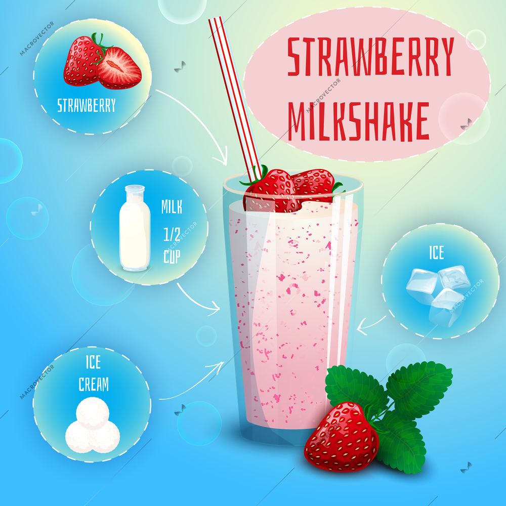 Delicious strawberry milkshake smoothie recipe graphic presentation with infographic elements decorative poster print abstract vector illustration