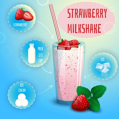 Delicious strawberry milkshake smoothie recipe graphic presentation with infographic elements decorative poster print abstract vector illustration