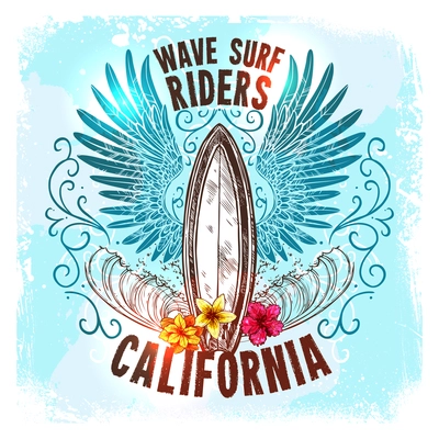 Surfing board label with sketch flowers and wave ornament vector illustration