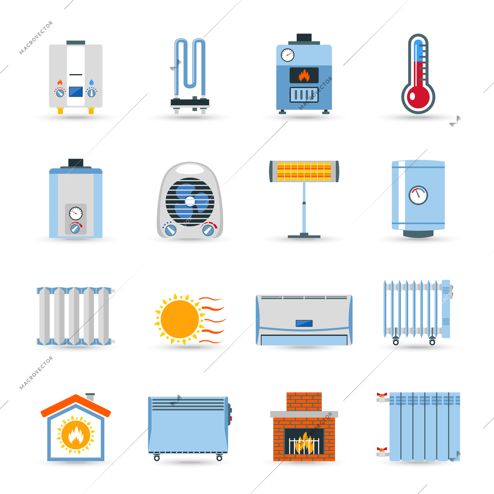 Heating devices boilers radiators and emitter or fireplace flat color icon set isolated vector illustration