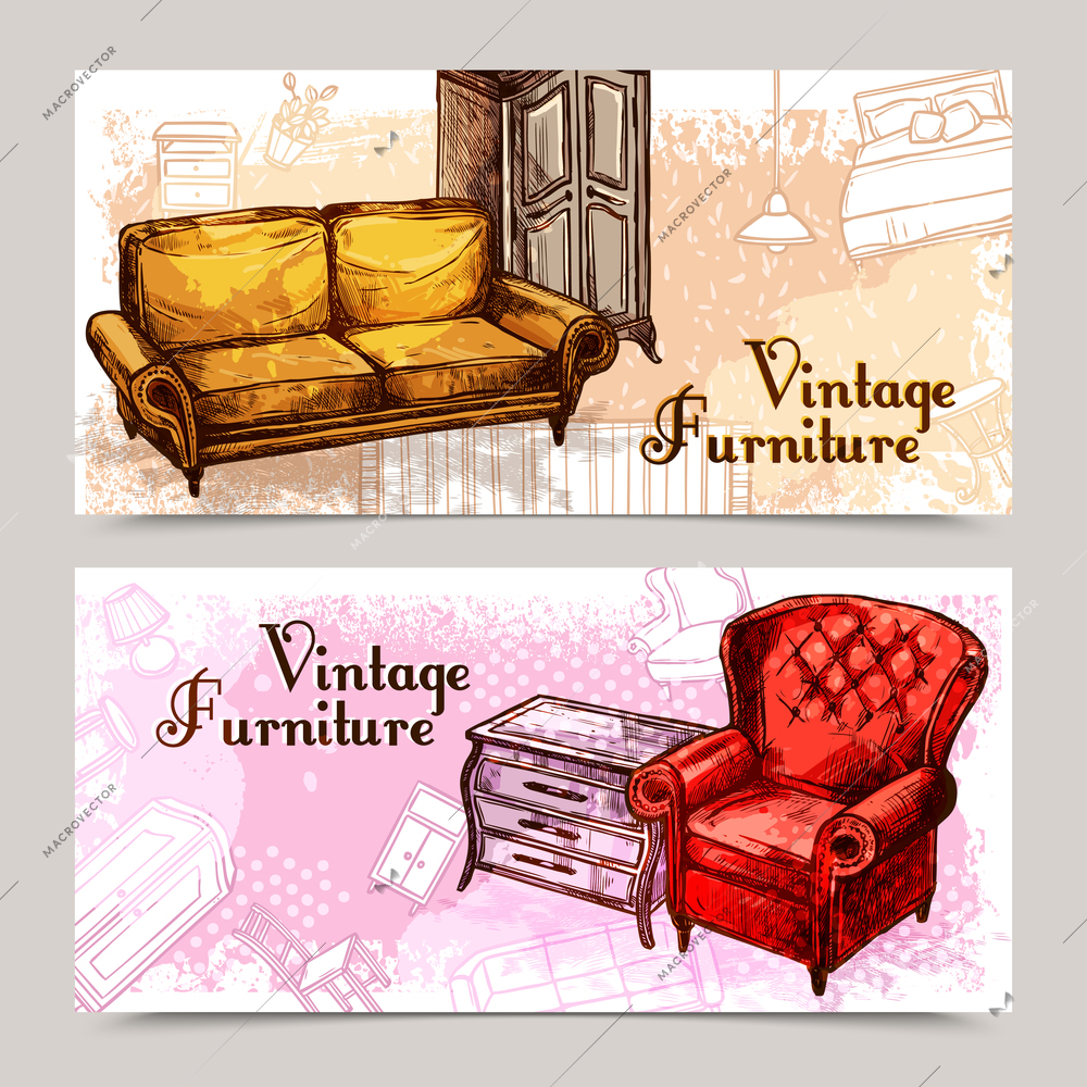 Furniture horizontal banner set with sketch sofa and armchair isolated vector illustration