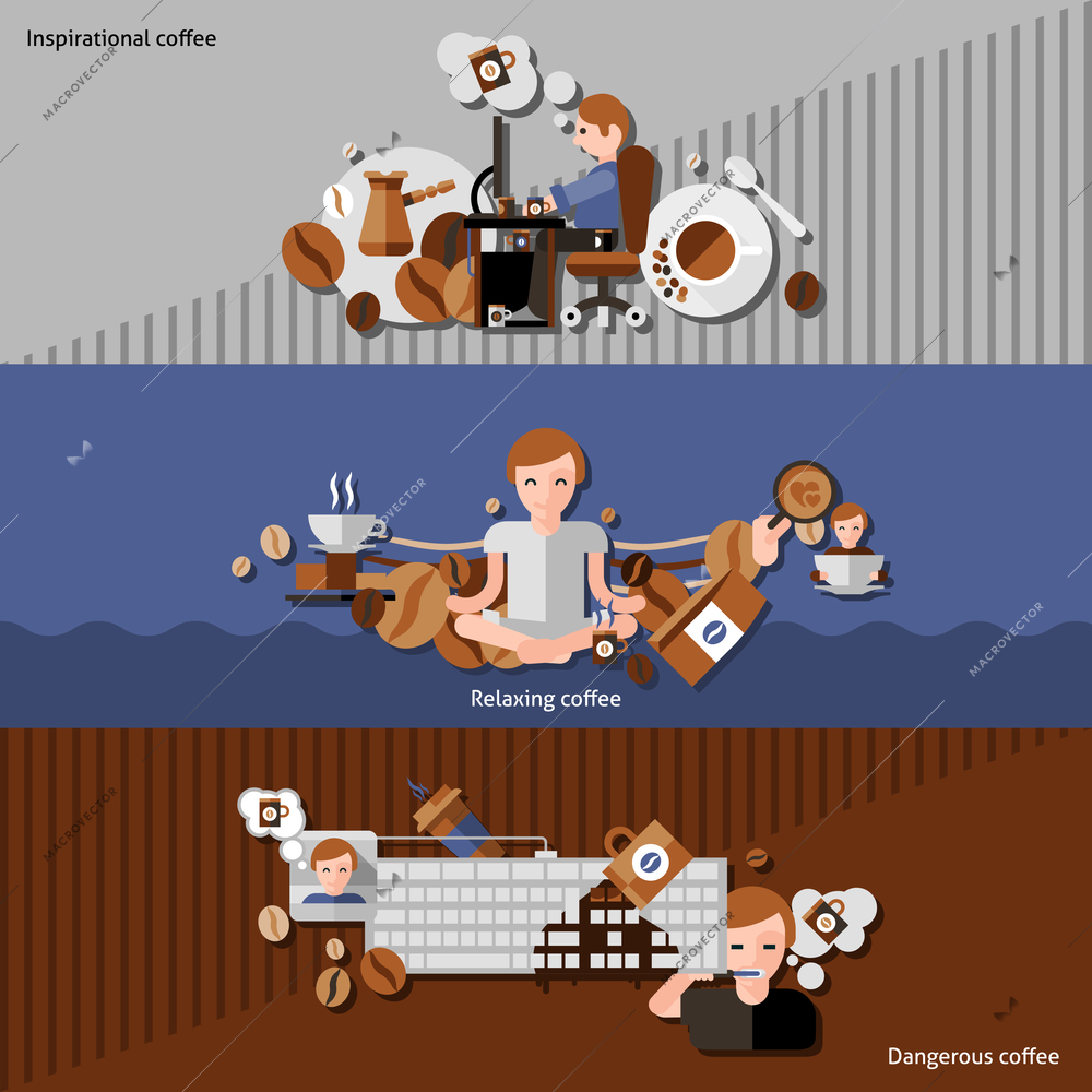 Inspirational relaxing and dangerous coffee horizontal banners set flat isolated vector illustration