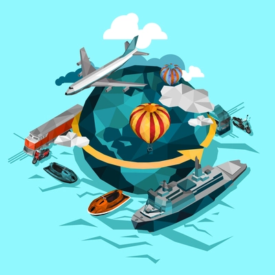 Transportation by air water and ground around the world concept isolated vector  illustration