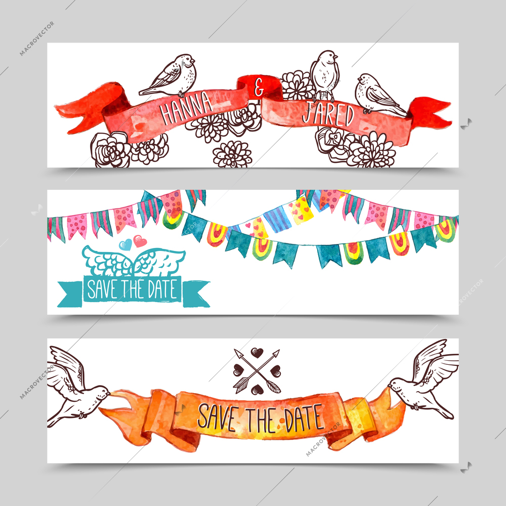 Wedding party holiday invitation template horizontal banner set isolated vector illustration