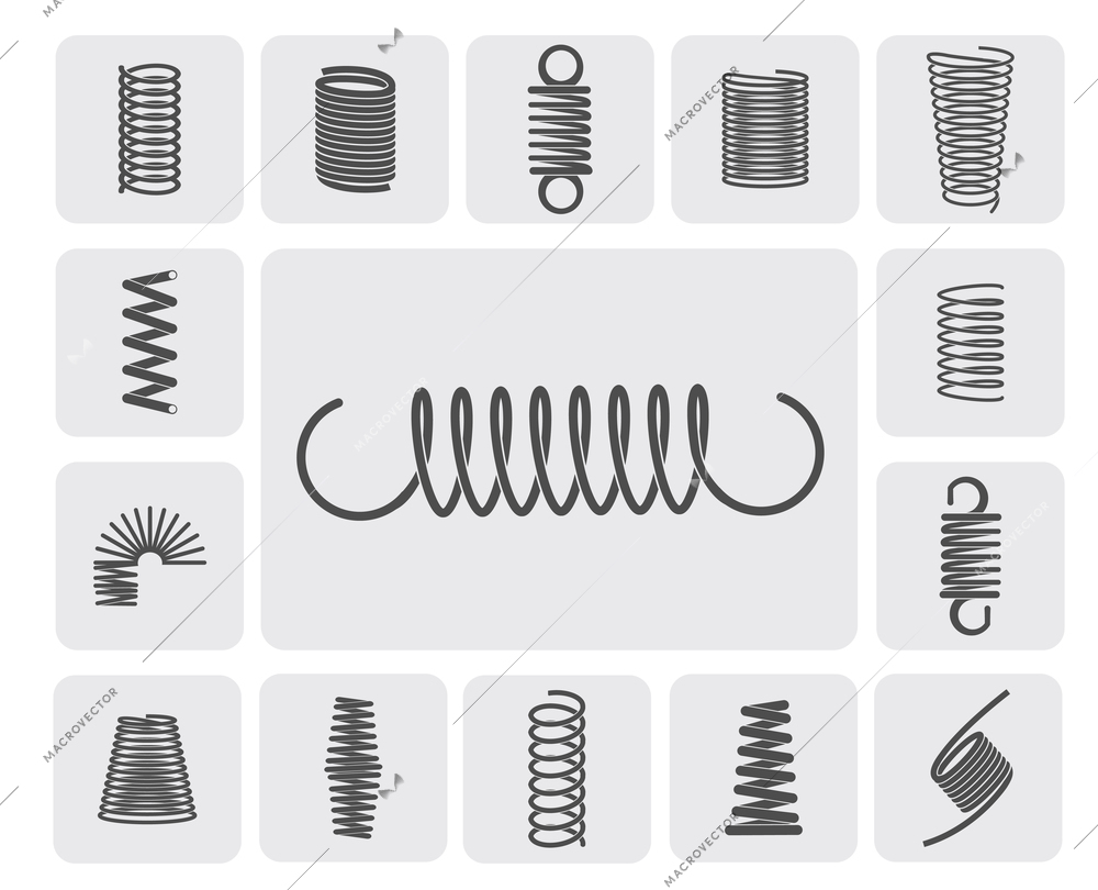 Flexible metal spiral springs flat icons set isolated vector illustration