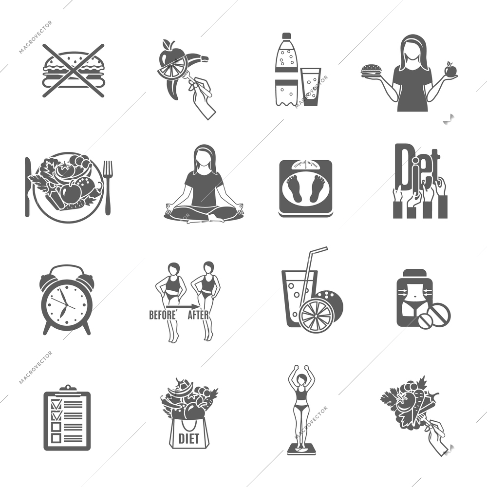 Healthy weight loss and maintenance  diet program for women in black pictograms collection abstract isolated vector illustration